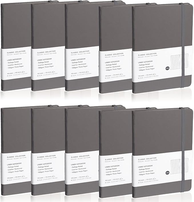 Lined Journal Notebook, 10Pack(Dark Gray), 160 Pages, Medium 5.7 inches x 8 inches - 100 gsm Thick Paper, Hardcover