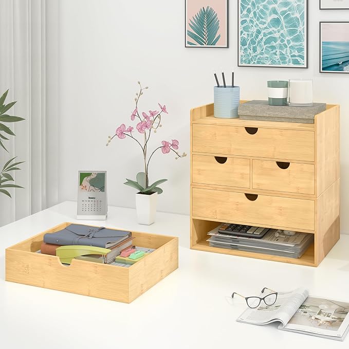 Wisuce Bamboo Desk Drawer Organizer, Large Desktop Organizer with Drawers Tabletop Storage Organization Box for Office Home Toiletries Supplies Vanity, No Assembly Required (2 Drawer)