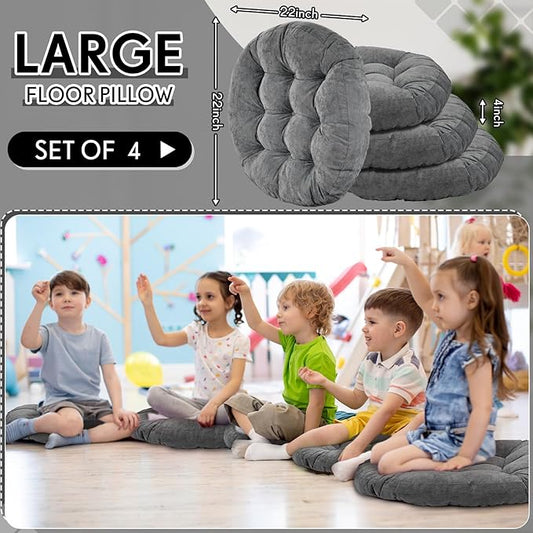 Jerify 4 Pcs Floor Pillow Cushions 22 x 22 Inch Round Square Large Meditation Floor Pillow for Classroom Adult Meditation Picnic Party Cushion for Seating Gift Christmas(Dark Grey,Round)