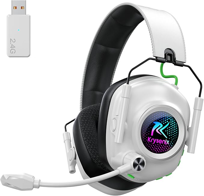 Wireless Gaming Headset with Noise Canceling Microphone for PC, PS5, PS4, Switch, Mac,2.4 GHz Wireless & Bluetooth 5.4 Gaming Headphones, Cool RGB Lighting, 40Hr Battery, 50mm Drivers-White