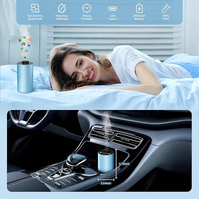 Waterless Essential Oil Diffuser Battery Operated Cordless Aromatherapy Diffuser with Timing & 3 Mist Levels car Diffuser, Aluminum Alloy