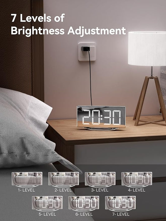 Digital Clock for Living Room, Slim LED Mirror Digital Alarm Clock with 2 USB Ports, Dual Alarms, 12/24H, Large Display with Diming Mode, Modern Electronic Clock for Bedroom Home Office Desk Decor