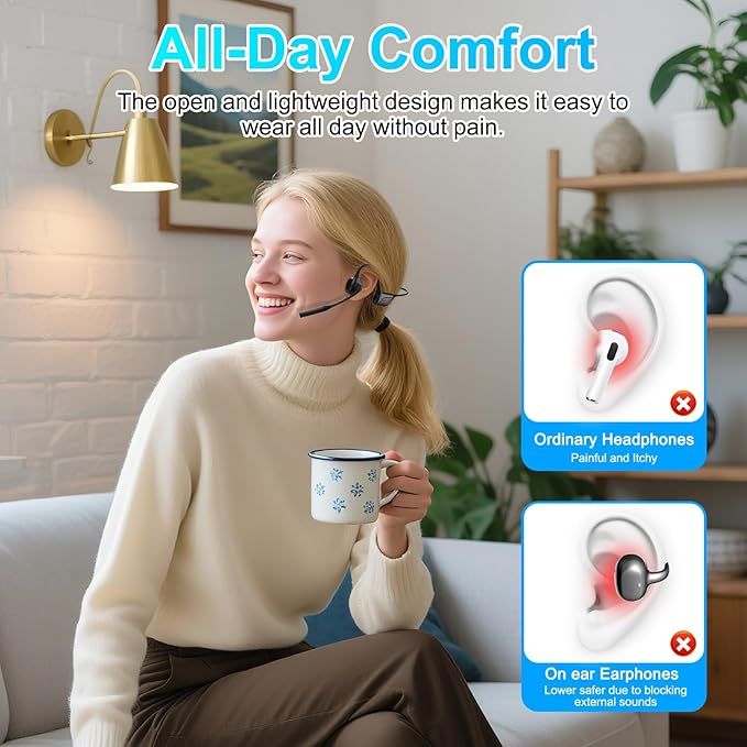 ZIOCOM Open Ear Headphones, Bluetooth 5.1 Headset with Mic, ENC Noise Cancelling and Mute Button, Lightweight, AptX-LL Wireless Headset for Office Driving Working Home-10 Hrs(Not Bone Conduction)