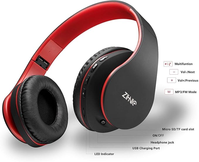 ZIHNIC Bluetooth Headphones Over-Ear, Foldable Wireless and Wired Stereo Headset Micro SD/TF, FM for Cell Phone,PC,Soft Earmuffs &Light Weight for Prolonged Wearing (Black/red)