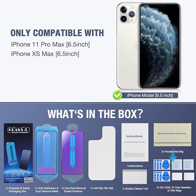 2-Pack Anti Blue Light Matte Screen Protector for iPhone 11 Pro Max/iPhone XS Max, 9H Tempered Glass, Full Coverage, Anti-Fingerprint, Auto Dust-Elimination, No Bubble, Easy Installation
