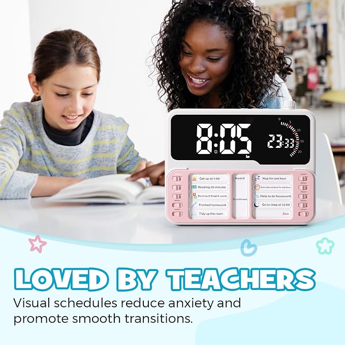 7-in-1 Visual Timer for Kids & Adults with Task Planner – ADHD Time Management Tool with Alarm, Countdown, Calendar, Temperature Display & Storage – Ideal for Home, School (Pink)