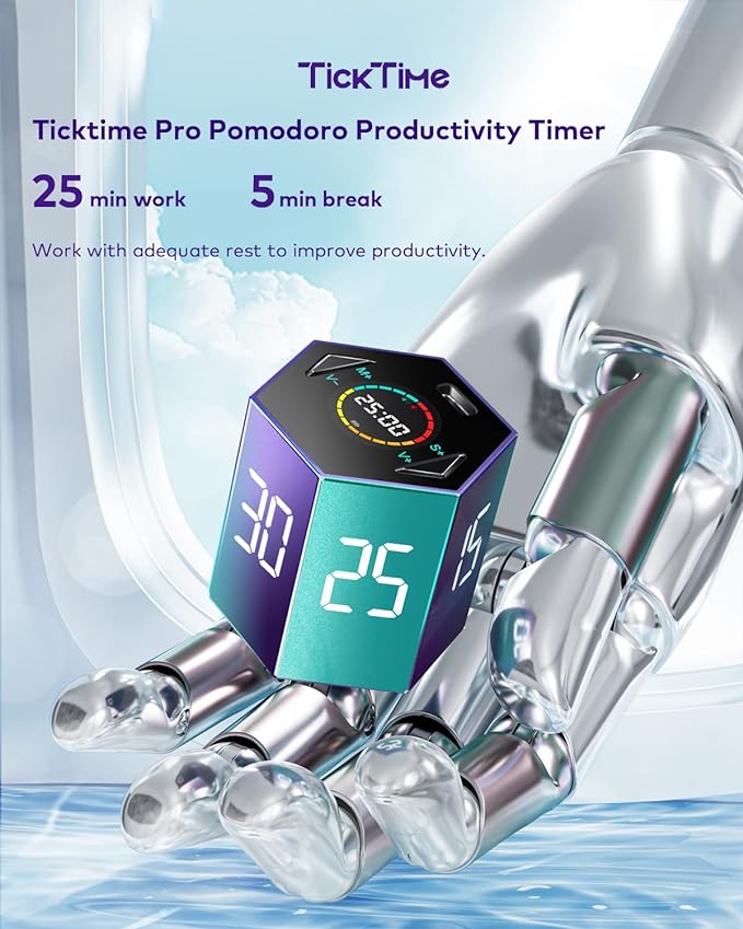 Ticktime Pomodoro Timer Cube, Hexagon Productivity Timer, Pause & Resume, Silent, Vibrate & Adjustable Sound Alert, for ADHD, Task, Work, Study, 5/15/25/30/45/60min & Custom Countdown, Purple