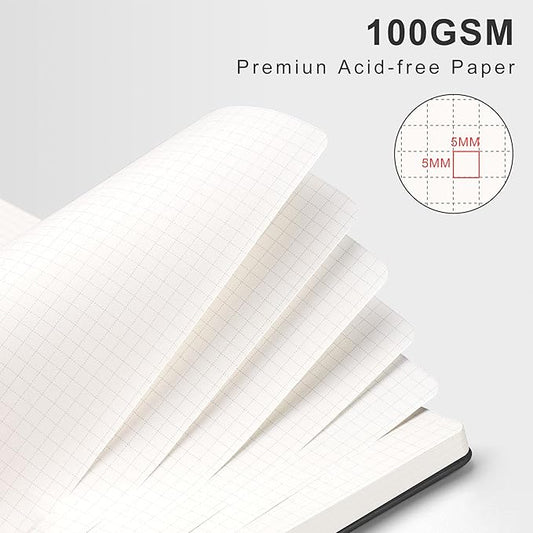 RETTACY Graph Grid Paper Notebook, 110 Pages, A4 Large Size (8.5'' × 11''), 5 Squares per Inch, Leather Hardcover, 100 GSM Thick Paper, for School, Students, Math, Engineering (Black)