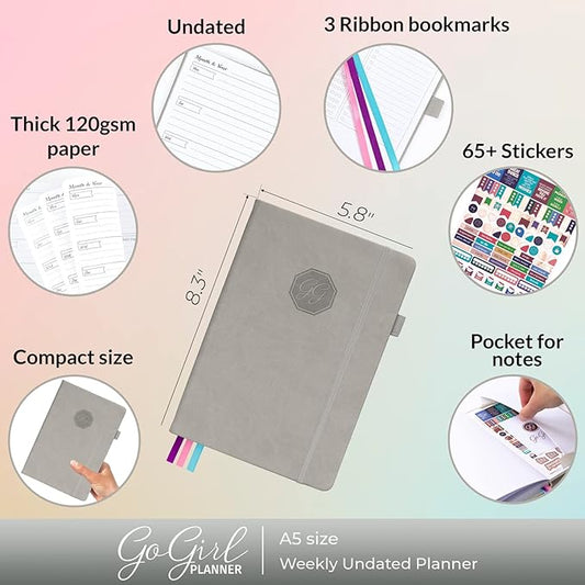 GoGirl Planner and Organizer for Women – A5 Size Weekly Planner, Goals Journal & Agenda to Improve Time Management, Productivity & Live Happier. Undated – Start Anytime, Lasts 1 Year – Gray