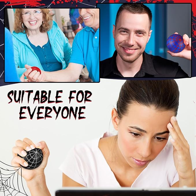 Meooeck 24 Pcs Spider Web Stress Balls Bulk 1.57 Inch Relief Stress Balls Mini Foam Anxiety Fidget Toys Squeeze Sensory Toys Squishy Blue Red Black Spider Web Finger Exercise Birthday Party Favors