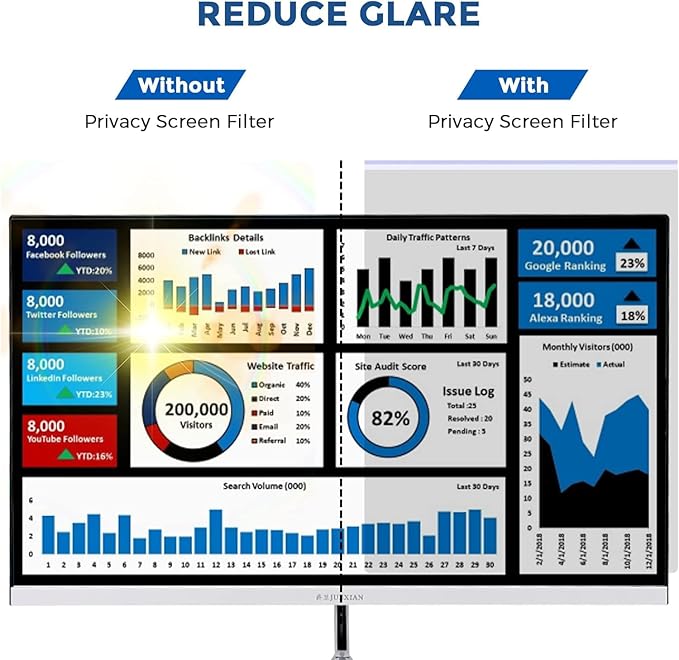 24 Inch Computer Privacy Screen Filter for 16:9 Widescreen Monitor, Removable Eye Protection Anti Glare Blue Light Filter Privacy Shield, Anti Spy Screen Protector Film 24 In