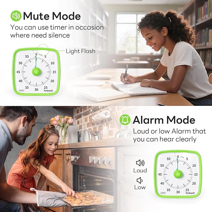Yunbaoit Visual Timer with Night Light, 60-Minute Countdown Timer for Kids and Adults, Silent Classroom Timer, Time Management Tool for Home, School, or Work (Light Green)