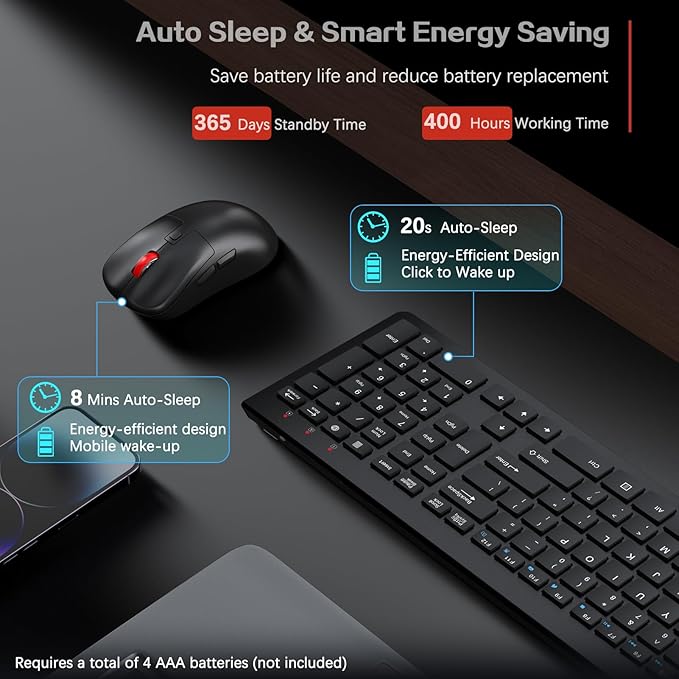 Wireless Keyboard and Mouse Combo,Quiet Click,Full Size Design with Number Pad,Ergonomic Mouse with 5 DPI,Sleep Mode-GAMCATZ 2.4G Slient Portable Cordless Combo for Laptop/PC/Computer/Mac(Black)