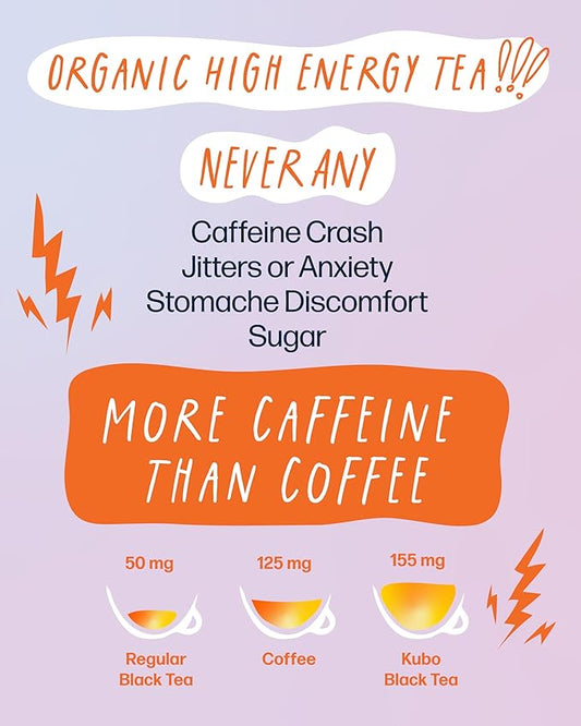 Kubo Tea Lemon Mango Black Tea - Organic High Caffeine Energy Blend - 20 Pyramid Tea Bags (155mg Caffeine each) - Healthy Sugar Free Coffee Substitute for Hot and Iced Drinks - Biodegradable Packaging