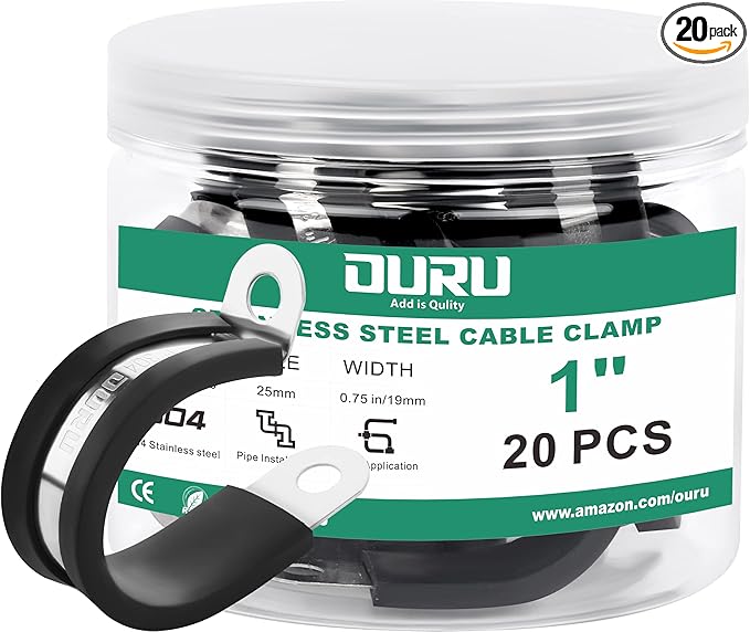 20pcs 1 Inch Stainless Steel Cable Clamps, Rubber Coated, Black