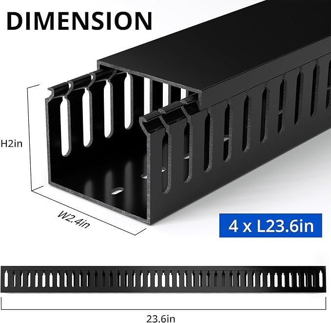 ZhiYo H2in x W2.4in Professional Server Rack Cable Management Raceway, 95in (4X L23.6in) Cable Raceway Kit, Electrically Safe PVC, Open Slot Wire Hider for Under Desk/Computer/Network Cords
