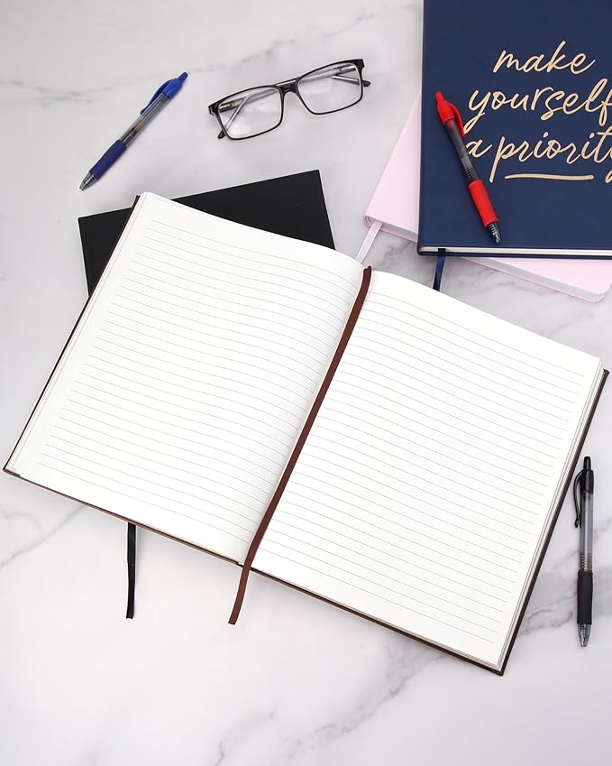 Eccolo Large Lined Journal Notebook, Flexible Cover, Writing Journal, 256 Ruled Ivory Pages, Ribbon Bookmark, Lay Flat, Desk Size for Work or School, Size 8X10, Brown Leatherette