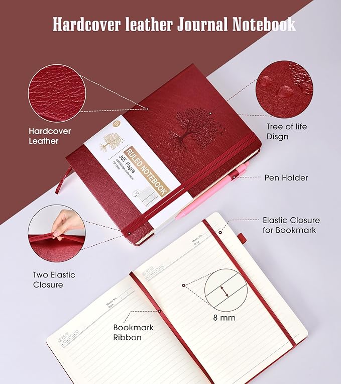 Lined Journal Notebook, 365 Pages B5 Large Journals for Writing College Ruled Notebook, Hardcover Leather Journal for Women Men, Daily Notebook for Work, Note Taking, 100Gsm Paper (7.6'' X 10'' Wine)