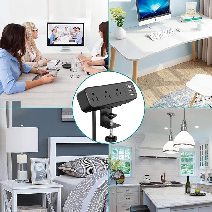 Desk Clamp Power Strip with USB C, 3 Outlet Desktop Mount Power Station Removable Clamp Socket with 6.5 ft Extension Cord, Fit 1.7 inch Tabletop Edge