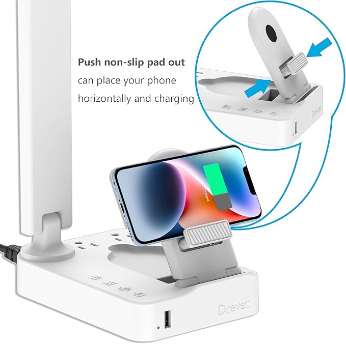 Drevet LED Desk Lamp with Wireless Charger, Desk Table Light with USB Charging Port and 2 Outlets, 3 Lighting Modes, 3 Level Brightness, 1H Timer, Touch Control, Eye-Caring Home Office Lamp, White