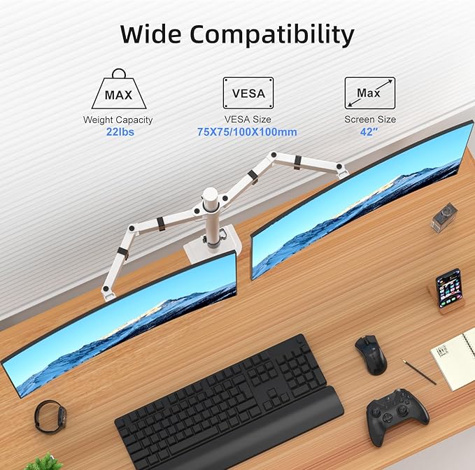 Suptek Dual Monitor Desk Mount, Adjustable Dual Monitor Arm for 2 Monitor Screens up to 42 inch, Extra Tall 15.75" Pole Monitor Stand for Desk, Holds up to 22 lbs,White(MD9442LW)