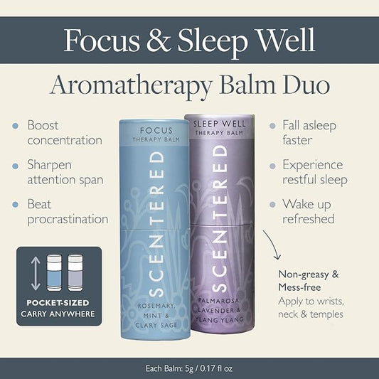 Scentered Aromatherapy Balm Stick Duo for Sleep & Focus - All Natural Sleep Balm with Lavender & Focus Aid with Rosemary - Essential Oil for Relaxation & Concentration - Aromatherapy Gifts for Women
