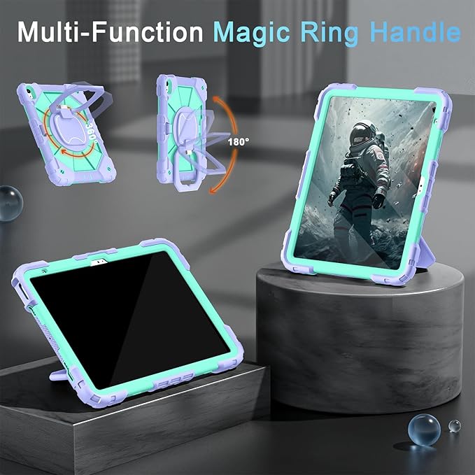 Case for iPad (A16) 11th/10th Generation 2025/2022,Kids Friendly iPad Case 10th Generation with Rotating Stand Screen Protector,Shockproof Cover for i Pad 11.0/10.9 Inch C ase,Purple Green