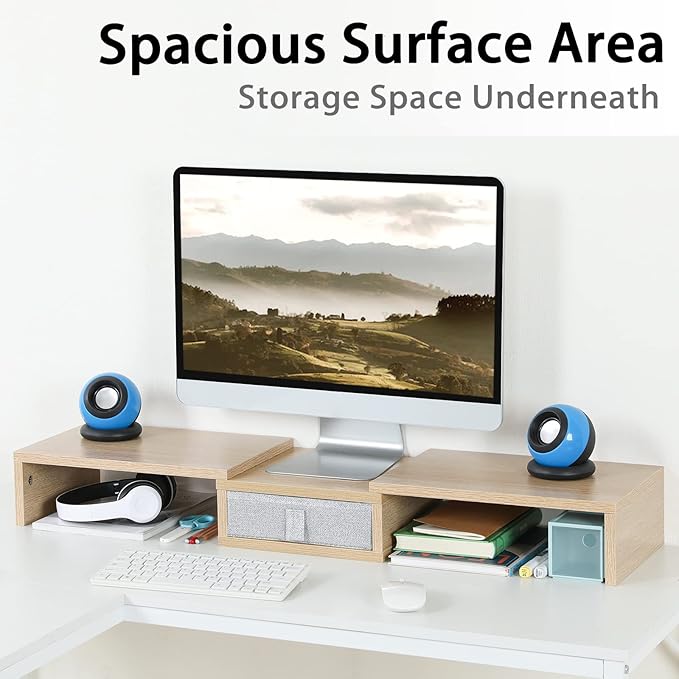 TEAMIX 3 Shelf Monitor Stand Riser with Drawer-Length and Angle Adjustable Dual Monitor Riser with Storage Corner Desk Shelf Organizer Large Computer Stand for 2 Monitors/Laptop (Maple, 1 Drawer)