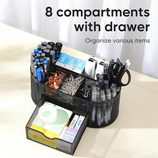 deli Mesh Desk Organizer Office Desktop Organizer with Drawer, Metal Stationary Organizer Desk Caddy Pen Holder, 8 Compartments, Black