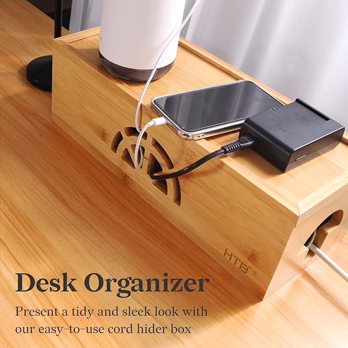 Cable Management Box Set of 2 by HTB, Large & Small Bamboo Cord Organizer Box to Hide Wires & Power Strips | Desk Computer Cable Management Box | Cable Storage | Cord Box Hider for Home & Office