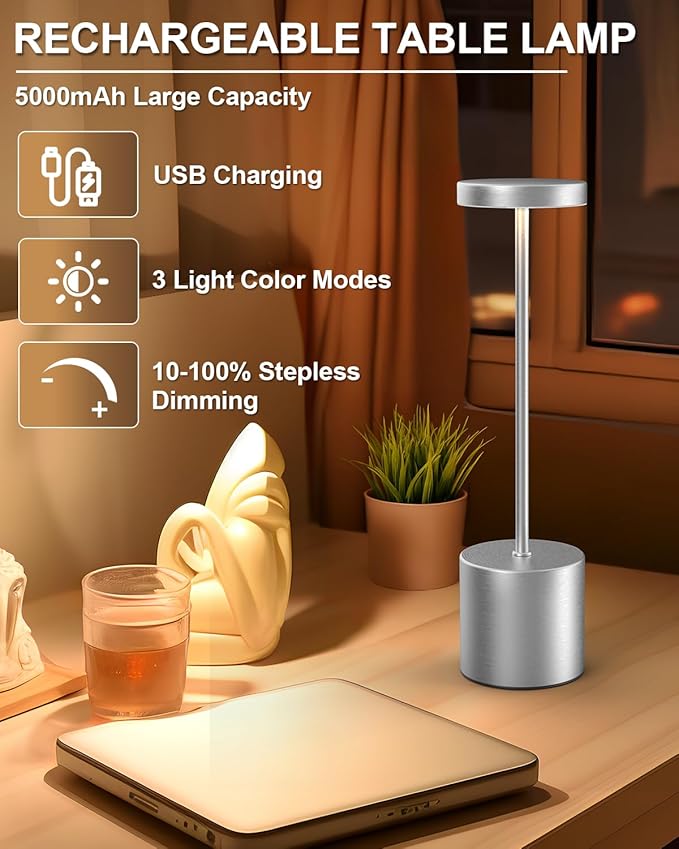 Cordless Table Lamp Set of 2, Rechargeable 5000mAh Battery Powered Outdoor Table Lamps(Silver)