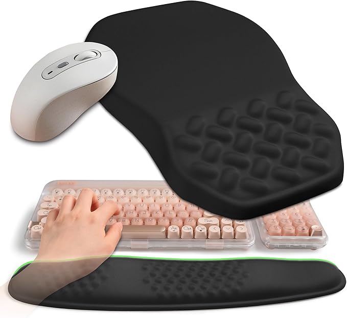 2-in-1 Ergonomic Set, Wave Keyboard Wrist Rest and Massage Slope Mouse Pad Wrist Support, Rebound Memory Foam for Relieve Carpal Tunnel Syndrome and Wrist Pain (Black)