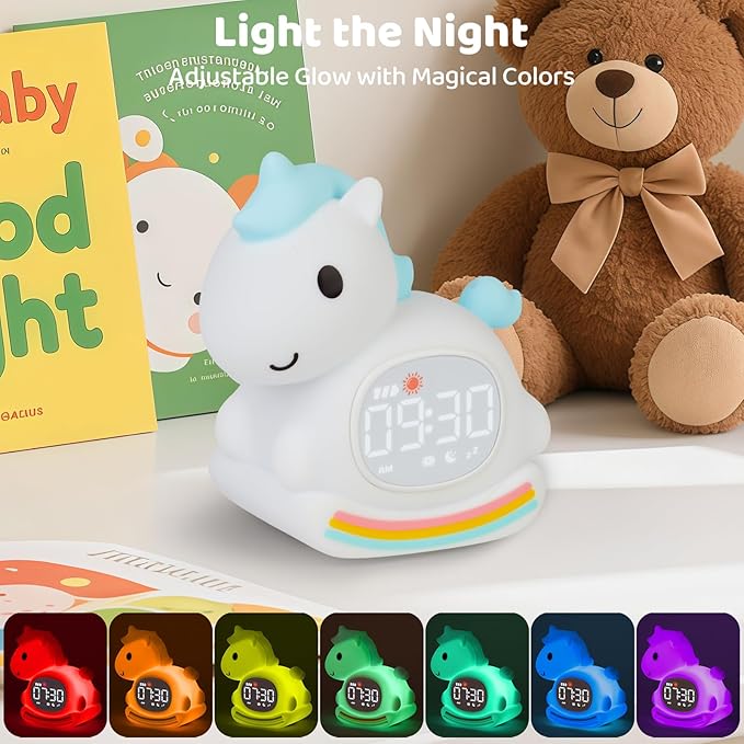Alarm Clock with Night Light for Kids with Sleep Training and Sound Machine, Rechargeable Silicone Lamp OK to Wake Clock,Cute Animal Tabletop Lamp, Perfect Sleep Companion for Boys Girls,Blue Pony