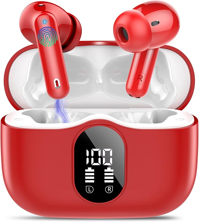 Wireless Earbuds, Bluetooth 5.4 Headphones Bass Stereo, Ear Buds with Noise Cancelling Mic, IP7 Waterproof in Ear Earphones, 36H LED Display Bluetooth Earbuds for Laptop Pad Phones Sports, Red