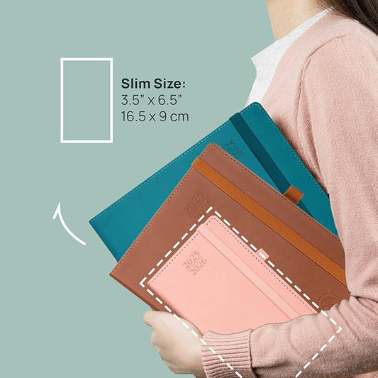 POPRUN Pocket Planner 2025-2026 (Slim Size 3.5'' x 6.5'') 17 Months Academic Calendar (Aug.2025 - Dec.2026), Weekly Appointment Book with Vegan Leather Hard Cover - Blue Green