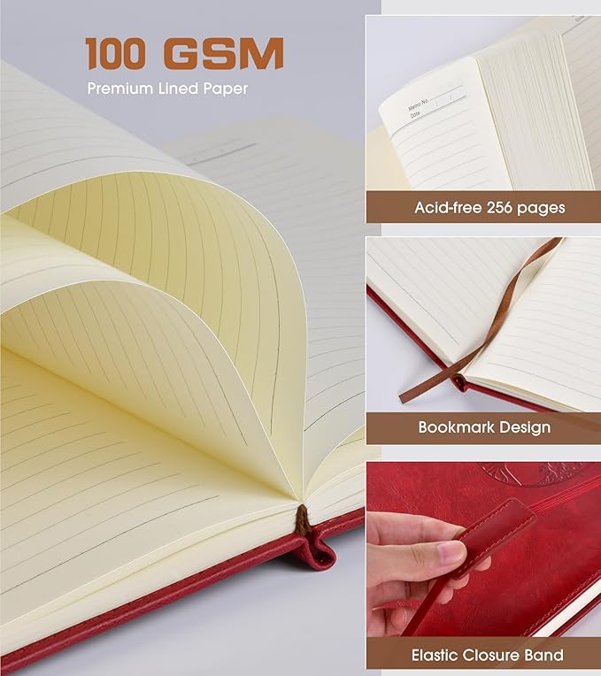 Lined Journal Notebook for Women Men,256 Pages A4 Large Hardcover Leather Journals for Writing,Travel,Business,Work,School,College Ruled Notebooks for Note Taking,Diary Notepad 8.6"×11"(Wine red)