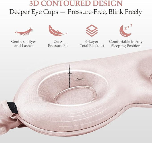 100% Mulberry Silk Sleep Mask for Unisex, 22 Momme 3D Silk Contoured Eye Mask, Breathable Light Blocking Blindfold with Adjustable Strap, Blackout Eye Cover for Travel, Pink