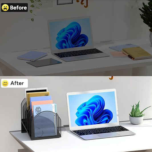 5-Section Desk File Organizer, Metal Mesh Folder Organizer for Documents, Mail & Office Papers (Black)