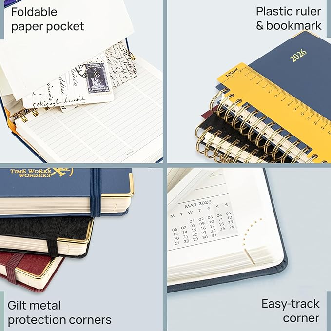 POPRUN 2026 Planner (Large Size 10'' x 8'' Wire-Bound Hard Cover) Daily Weekly and Monthly Calendar - Agenda 2026 (Jan.2026-Dec.2026) with Hourly Schedule, Monthly Tabs - Pacific Green