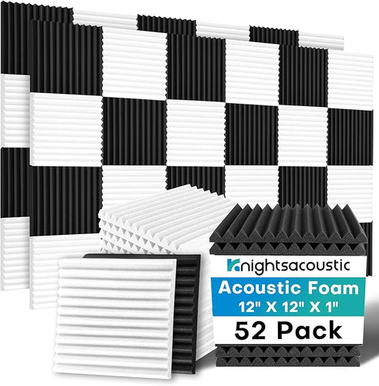 52 Pack Acoustic Foam Panels, 1 X 12 X 12 Inches Sound Proof Foam Panels for Walls, High Density Acoustic Panels Sound Absorbing, Black White Noise Cancelling Studio Wedges (NOT INCLUDE ADHESIVE)