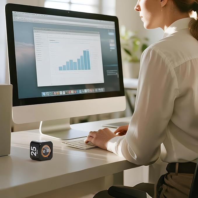 EooCoo Pomodoro Timer Cube, Visual Focus Timer with Gravity, Countdown 5/10/25/50 Min, Adjustable Silent, Rechargeable Productivity Tool for Office, Kitchen, Gym, Yoga, Meditation, Classroom