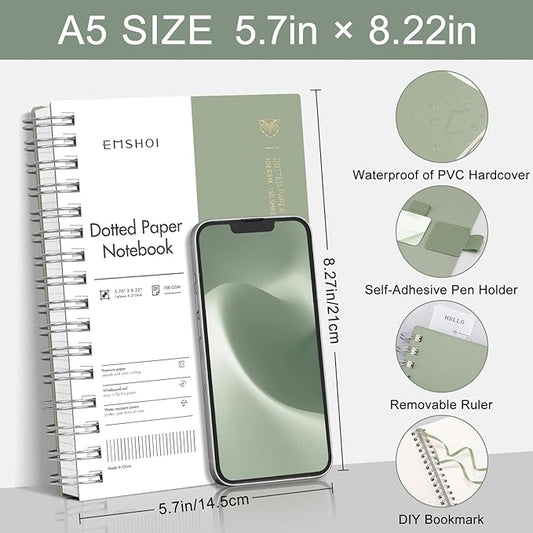 EMSHOI A5 Spiral Dotted Notebook, 300 Pages of 100gsm Thick Dot Grid Paper, Waterproof Softcover Journal for Women Men School, Work & Writing, Bullet Journaling | 5.7" x 8.22" Light Green