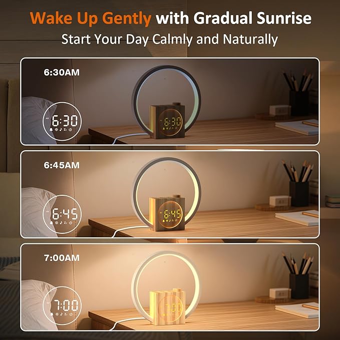 Rohent Sunrise Alarm Clock for Women: White Noise Machine 12 Light Colors, 30 Sleep Sounds, 10 Soft Wake-Up Sounds - Sunrise Lamp with Touch Control for Bedrooms, Yoga, Meditation & Relaxation