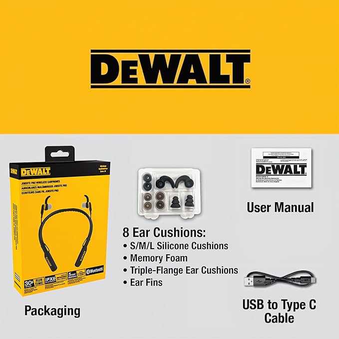 DEWALT Heavy Duty Magnetic Bluetooth Neckband Headphones, Wireless Around the Neck Earbuds w/30H Runtime+Noise Isolation, HandsFree Magnetic Wireless Earphones w/Mic Bluetooth Headsets - Black Edition