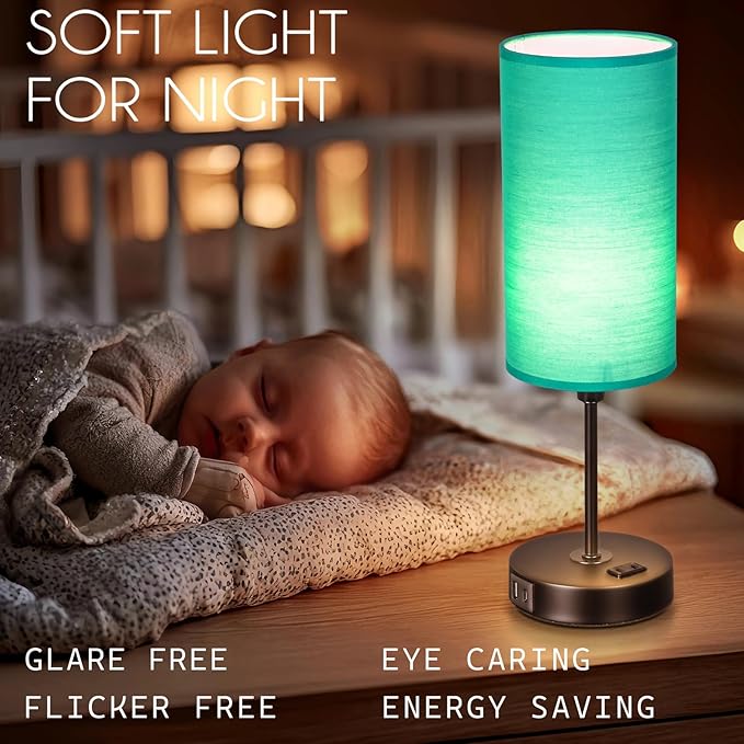 Table Lamp with USB Port - Desk Lamp, Green Touch Lamp, Bedside Lamps, 3 Way Dimmable Small Lamps for Bedroom, Nightstand, Nursery, Dorm, Home, Office, Black Base+ Green Lampshade
