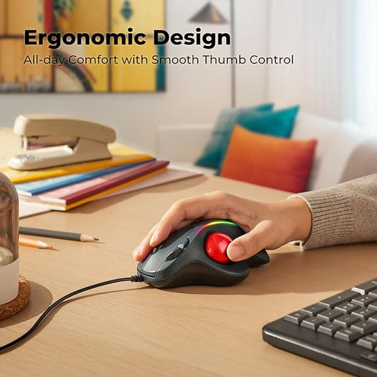 Wired Trackball Mouse with RGB Lighting, Ergonomic Thumb Control to Reduce Muscle Strain, 5 Adjustable DPI, Dual USB-C & USB-A Connectivity, Compatible with PC, Laptop, Mac, Windows-Red