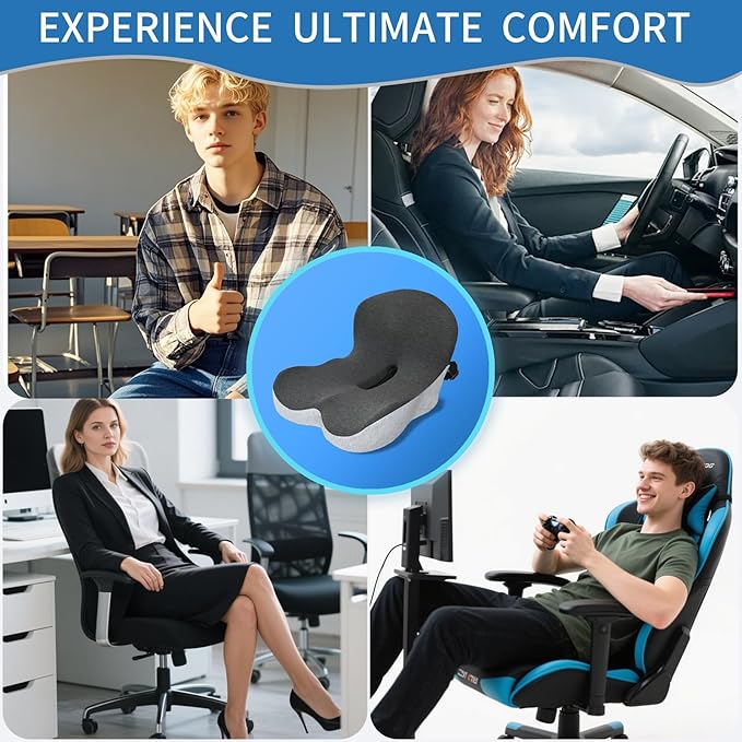 Memory Foam Seat Cushion,Office Chair Cushion with Lumbar Support for Back Pressure Relief, Car Seat Cushion with Adjustable Strap,Sciatica Pad Cushions for Car,Truck, Desk,Gaming Chair