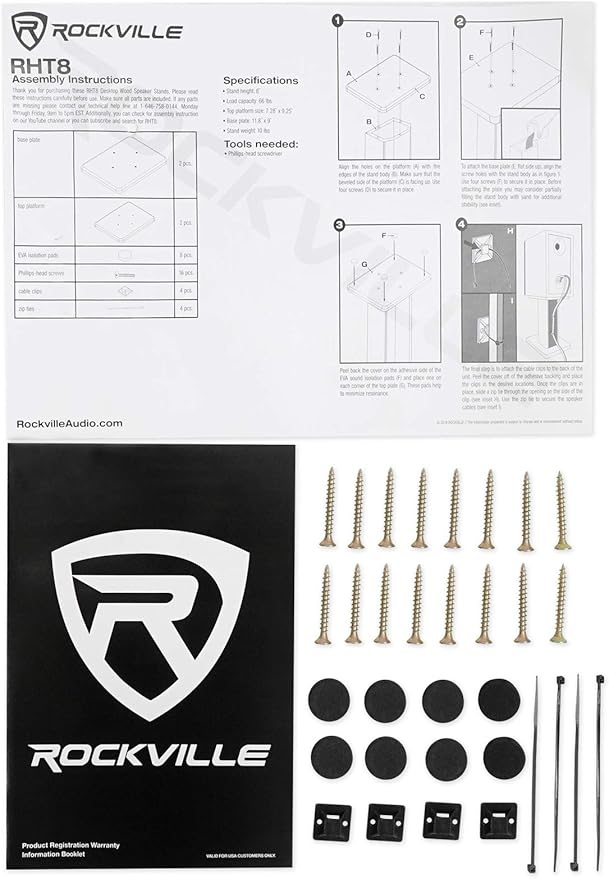 Rockville RHT8B 8in Desktop Speaker Stands, 66lb Capacity, Isolation Pads, Cable Management, Perfect for Studio Monitors and Bookshelf Speakers