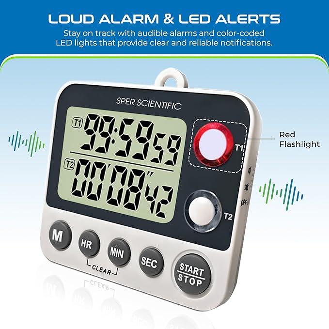Sper Scientific 2 Channel Digital Lab + Kitchen Timer with Color Coded LED Lights 810002 – Dual Countdown Timer with Large Display, Loud Alarm & Clock Mode - for Cooking, Labs & More - 2 pc
