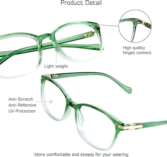 VisionGlobal Blue Light Blocking Glasses for Women, Anti Eyestrain, Computer Reading, TV Glasses, Stylish Square Frame, Anti Glare(Clear Green,+5.00 Magnification)